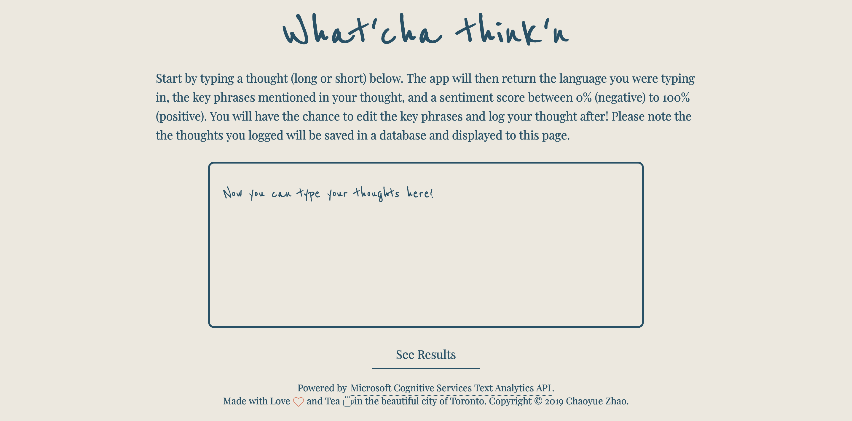 screenshot of the what'cha think'n app